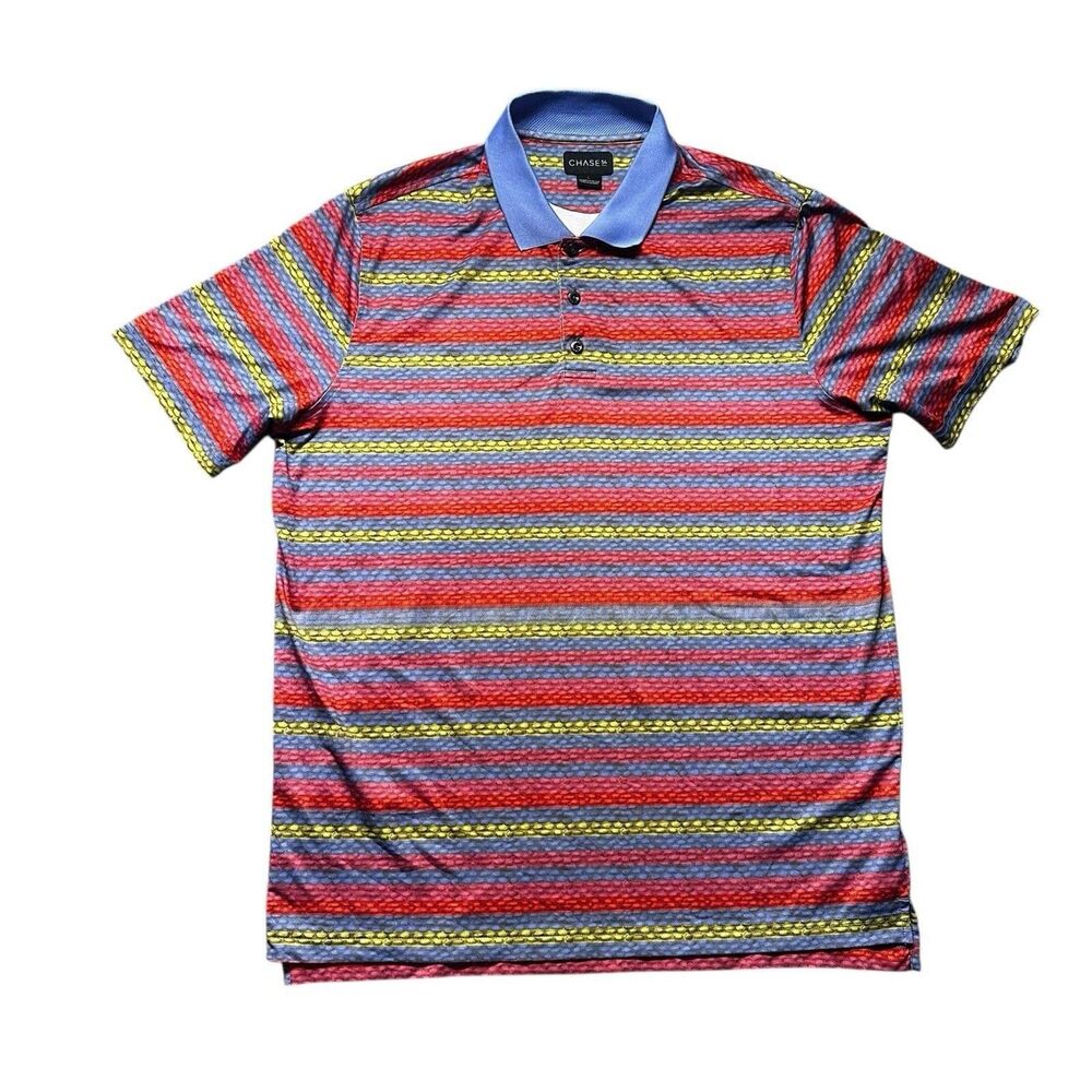 CHASE 54 Golf Polo Shirt Mens L Multicolor Stripe Performance Stretch Knit Blue